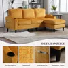 A yellow sectional sofa with an ottoman is shown in a living room setting, with close-up details of its features. Náhled obrázku produktu