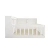 A white wooden bed frame with a slatted base and a built-in shelf unit at the headboard, shown from the side against a white background. Náhľad obrázku produktu