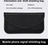 A black signal shielding bag is shown against a light gray background, with text describing its features. Produktbild-Vorschau