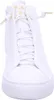 A close-up, front-facing view of a white high-top sneaker with gold accents. Voir les images du produit