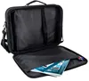 An open black notebook bag with a strap, showing its interior compartments. Some papers and pens are visible in one of the compartments. Podgląd zdjęcia produktu