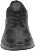 A close-up, front view of a black leather sneaker. Náhled obrázku produktu