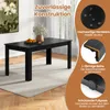 A black dining table is shown in a room with a painting and curtains in the background. Text overlays highlight product features. Náhled obrázku produktu