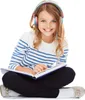 A young girl wearing headphones and a striped shirt is sitting cross-legged with an open book. Produktbild-Vorschau
