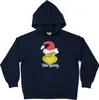 A navy blue hooded sweatshirt with a graphic of the Grinch wearing a Santa hat and the text "Feelin' Grinchy." printed on the front. Produktbild-Vorschau