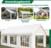 Collage of images showing different uses of a white tent, including as a garage, for commercial activities, and for outdoor parties. The bottom of the image shows a close-up of the tent with windows. Produktbild-Vorschau