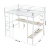 A diagram of a white metal loft bed with integrated desk and shelves, showing various dimensions. Podgląd zdjęcia produktu