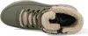 A top-down view of a green boot with a beige fuzzy lining. Voir les images du produit