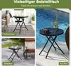 Collage of a black folding side table shown in different settings: indoors in a living room, outdoors in a backyard, and next to a swimming pool. Produktbild-Vorschau