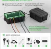 A black waterproof cable management box with cables running through it, and a second closed box next to it. Below are images of various electrical plugs and accessories. Produktbild-Vorschau