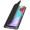 A black flip case for a smartphone is shown from a diagonal angle, with the flip cover partially open to reveal the phone screen. Produktbild-Vorschau