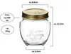 A clear shot of a glass jar with a gold lid, featuring dimensions and capacity information. Produktbild-Vorschau