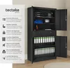 A black metal filing cabinet with its doors open, showcasing its interior storage compartments filled with binders and office supplies. The left side of the image features a list of product features with icons. Produktbild-Vorschau
