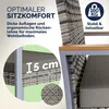 Close-up of a chair with text overlays highlighting features. Produktbild-Vorschau