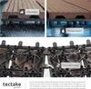 A collage of images showing different aspects of the tectake garden tiles, including their design, drainage system, and click mechanism. Produktbild-Vorschau