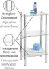 A three-tiered glass shelf unit with chrome legs, shown with bathroom accessories on the top shelf. Produktbild-Vorschau