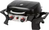 A black portable gas grill with two burners and control knobs, shown from a front-diagonal angle on a white background. Produktbild-Vorschau