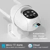 A white security camera with antennas is mounted on a white bracket. A micro SD card is inserted into the camera. Text overlays describe features. Produktbild-Vorschau
