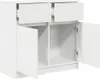 A white sideboard with two drawers and two cabinet doors, shown from a slightly angled front view with the cabinet doors open. Produktbild-Vorschau