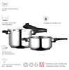 A set of stainless steel pressure cookers and pots with various feature callouts. Náhľad obrázku produktu