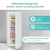 A vertical freezer with its door open, showing frozen food inside, next to marketing text and icons on a gray background. Produktbild-Vorschau