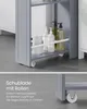 A close-up view of a gray bathroom cabinet with shelves and bottles on it, and a separate image showing the wheels of the cabinet. Produktbild-Vorschau