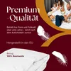 A family is in bed, with text overlay describing the product's quality and features. Produktbild-Vorschau