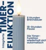 A close-up of a blue LED candle with text describing its timer function. Produktbild-Vorschau