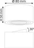 Technical drawing of a cylindrical spotlight with dimensions and an angle indicator. Produktbild-Vorschau