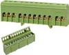 Two green terminal blocks are shown against a white background. One is a long block with multiple connection points, and the other is a smaller, open block showing screws inside. Produktbild-Vorschau
