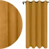 A close-up view of a mustard yellow curtain fabric and a full view of a mustard yellow curtain hanging on a curtain rod. Náhled obrázku produktu