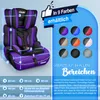 A purple and black child car seat is shown with dimensions and color options. Náhľad obrázku produktu