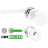 A product image showing a white door handle and a white door knob with a keyhole rosette, along with graphical indicators for 'DIN RECHTS'. Produktbild-Vorschau