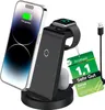 A black 3-in-1 wireless charger stand holding an iPhone, an Apple Watch, and AirPods, with a USB cable attached. A green tag with German text and a rating is hanging from the charger. Produktbild-Vorschau