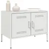 A white metal cabinet with two doors and four legs, decorated with two vases and a book on top. Produktbild-Vorschau
