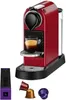 A red Nespresso coffee machine with a cup of espresso, coffee capsules, and a box of Nespresso capsules. Anteprima dell’immagine prodotto