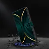 A phone case with a dark green and gold abstract design is shown at an angle, seemingly falling onto a cracked surface with a blue glow underneath. Produktbild-Vorschau