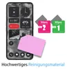 A smartphone screen displaying widgets and icons, next to cleaning wipes and a microfiber cloth. Produktbild-Vorschau