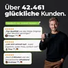 A man holding a coffee cup, with customer testimonials and a large number of happy customers displayed. Produktbild-Vorschau