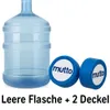 A blue plastic water bottle and two blue caps with the brand logo are shown against a white background. Text below the product reads "Leere Flasche + 2 Deckel". Podgląd zdjęcia produktu