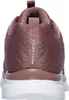 The back view of a pink Skechers sneaker with a white sole. Voir les images du produit