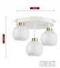 A white ceiling lamp with three glass globes and gold accents, shown against a white background with measurement indicators. Produktbild-Vorschau