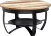 A round coffee table with a wooden top and a black metal base. Voir les images du produit