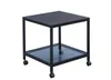 A black metal side table with a blue glass shelf and wheels, shown against a white background. Produktbild-Vorschau