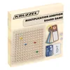 A wooden multiplication and addition board game with colorful game pieces, dice, and flashcards, presented on a white background. Produktbild-Vorschau