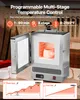 A programmable multi-stage temperature control furnace with its door open, showing a mug inside. There are also graphs at the bottom illustrating temperature control stages. Náhled obrázku produktu