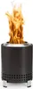 A dark gray Solo Stove Mesa with a silver rim and legs, with a bright orange flame burning inside. Voir les images du produit