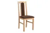 A single wooden chair with a brown upholstered seat and backrest, isolated on a white background. Voir les images du produit