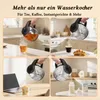 Collage showing a glass electric kettle being used to pour liquids into various containers, including a cup of tea, a cup of coffee, a baby bottle, and a cup of instant food. Produktbild-Vorschau