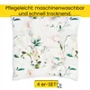 A square cushion with a floral pattern, featuring roses and hummingbirds, is shown against a white background. A yellow banner with text is at the top, and a yellow button with text is at the bottom. Produktbild-Vorschau